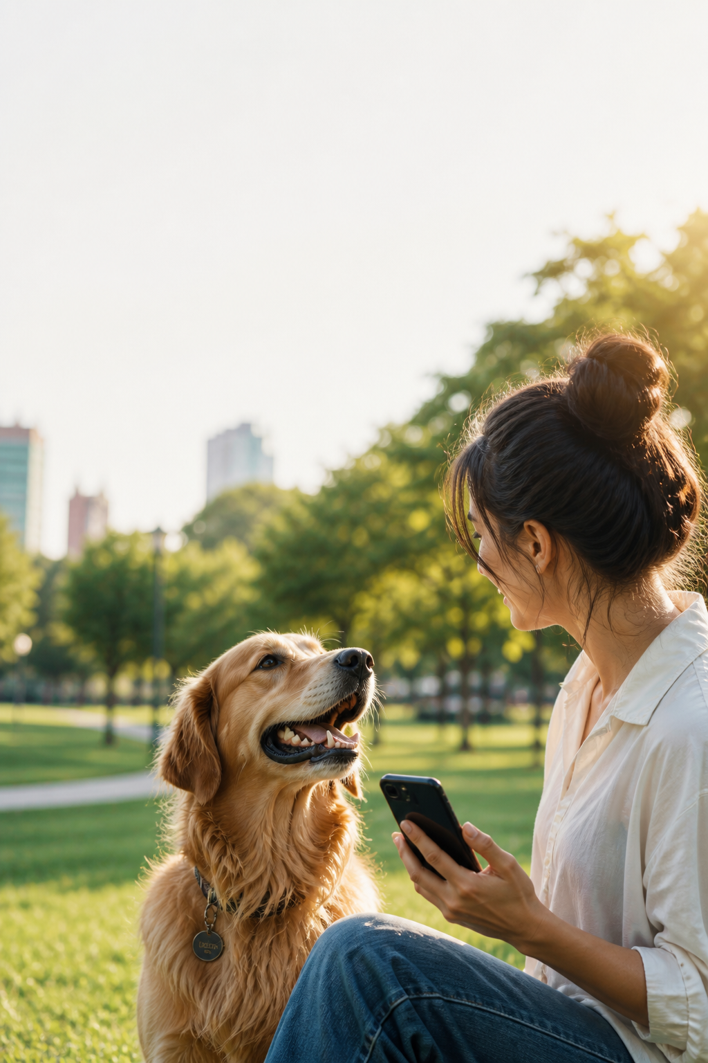 Golden retriever with its owner