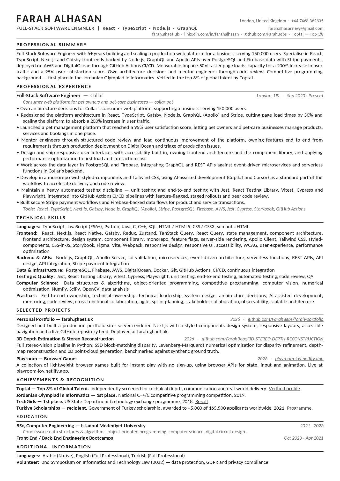 Farah Alhasan's CV: full-stack software engineer with experience at Collar, technical skills, selected projects, achievements and education